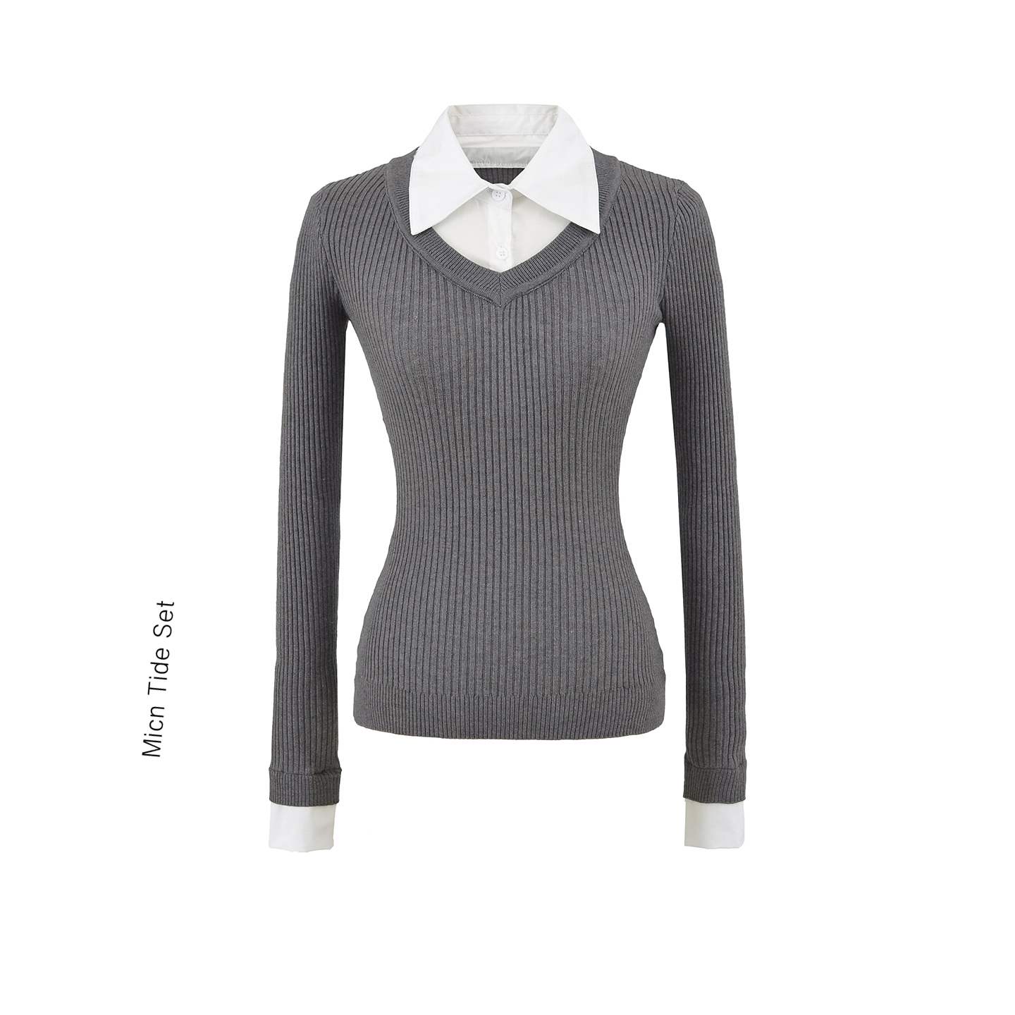 灰色假两件polo翻领针织衫女