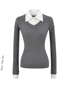 MICN灰色假两件polo翻领针织衫女秋季修身高级慵懒感套头毛衣上衣