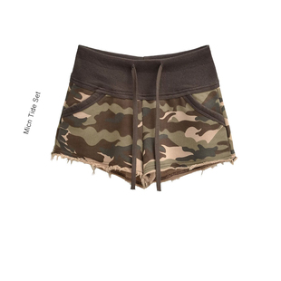 BM MICN美式复古军绿色迷彩印花休闲短裤女夏季性感低腰包臀热裤