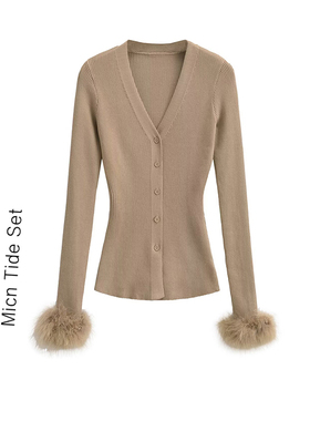 简约休闲时髦复古V领针织开衫外套女修身毛毛袖口修身显瘦上衣