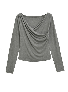 BM MICN纯欲大领口抽褶设计长袖T恤女宽松掐腰显瘦性感斜肩上衣