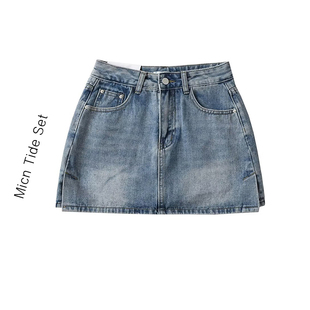 辣妹开叉学院风包臀牛仔短裤女夏季新款高腰裤裙防走光A字短裤裙