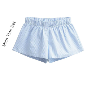 BM MICN蓝白条纹纯欲阔腿短裤女夏季款松紧腰三粒扣休闲居家热裤