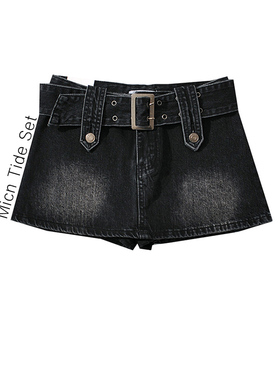 BM MICN~不良少女欧美辣妹低腰牛仔裙裤美式复古显瘦遮跨腰带短裙