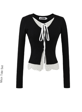 BM MICN黑色蕾丝假两件针织长袖t恤女秋季内搭修身拼接设计感上衣