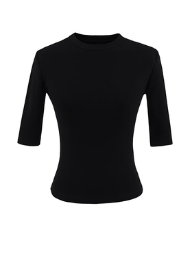 韩系黑色圆领半袖T恤女夏季修身紧身辣妹设计感显瘦短款露脐上衣