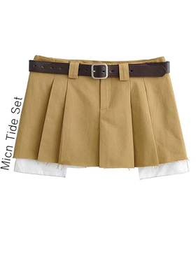 BM MICN~甜辣少女皮带装饰毛边性感半身裙女甜酷显瘦叠穿百褶短裙