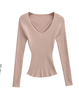 纯欲风u领长袖针织衫女春季修身收腰内搭辣妹粉色显瘦打底衫上衣