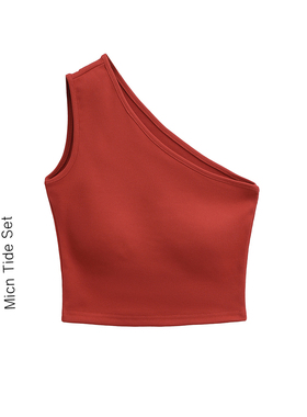 BM MICN黑色单肩斜领修身带胸垫背心T恤设计夏季显瘦露肩短款上衣