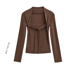 辣妹内搭显瘦设计感长袖 上衣女春季 绑带方领修身 T恤 MICN美式