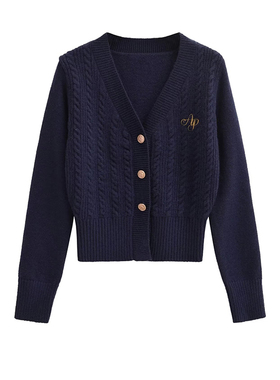 原创学院风V领修身毛衣开衫女秋冬新款LOGO刺绣甜美内搭针织衫