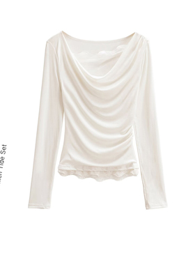 BM MICN法式白色蕾丝拼接荡领长袖t恤女秋季新款修身假两件上衣