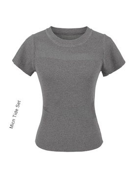 针织毛衣短袖镂空效果显瘦短袖t女修身灰色正肩高腰露脐小上衣