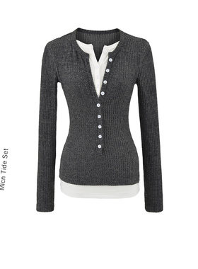 BM MICN韩系休闲假两件拼接亨利小衫女灰色修身长袖针织T恤上衣
