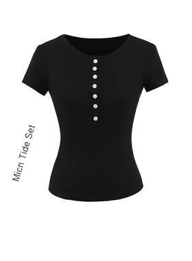 BM MICN随性经典亨利领短袖黑色修身美式复古正肩T恤酷飒拽姐上衣