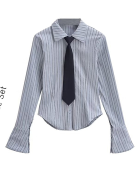 设计感学院风肌理感撞色蓝色条纹衬衫女修身显瘦收腰长袖领带上衣