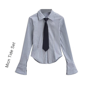 领带上衣 显瘦收腰长袖 设计感学院风肌理感撞色蓝色条纹衬衫 女修身