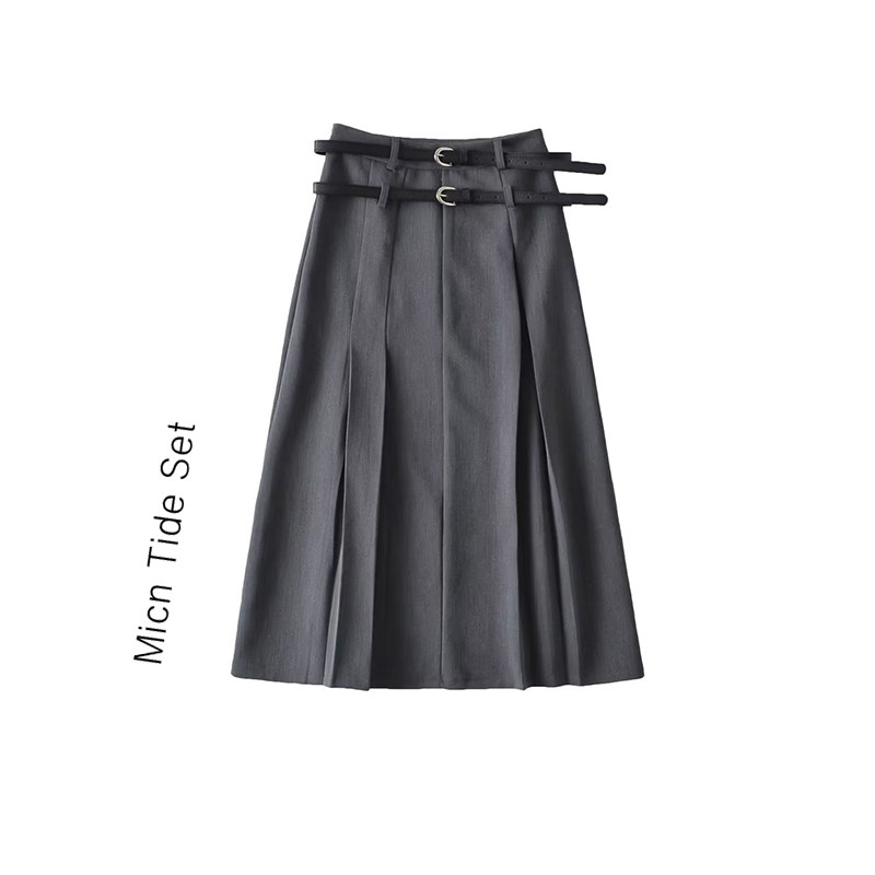 美式校园风复古百褶中长半裙显瘦百搭设计感双腰带双腰高级a字裙