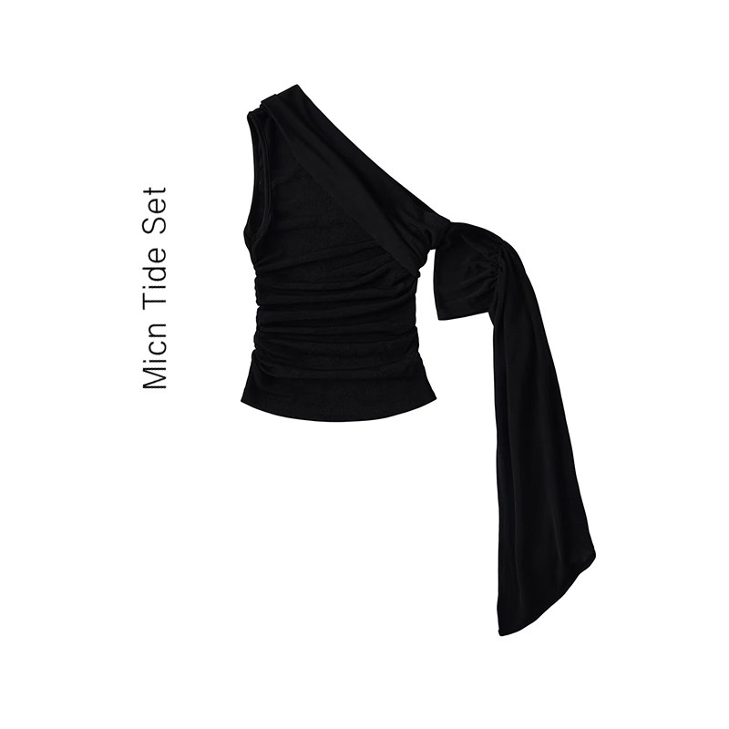 不规则一字肩斜肩飘带短袖T恤女夏季设计感收腰露肩绑带背心上衣,女装/女士精品,背心吊带,淘宝优惠券,粉丝福利购,淘宝优惠卷