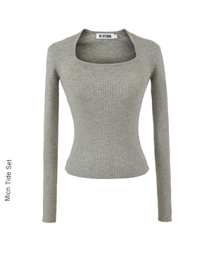 内搭打底衫女士秋冬外穿修身正肩方领长袖针织衫辣妹粗坑条上衣