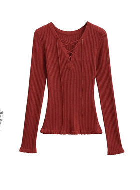 甜辣红色V领坑条交叉系带纯欲辣妹针织衫秋季修身显瘦长袖毛衣女