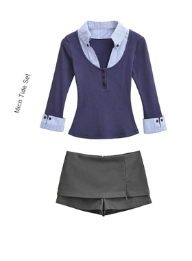 都市浪漫藏蓝色polo领长袖针织衫假两件T恤斜纹半身短裙裤女套装