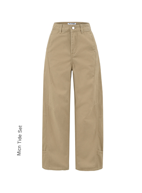 美式复古卡其色弯刀牛仔裤秋季新款设计感拼接宽松显瘦阔腿裤子