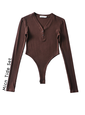 Micn~复古性感欧美辣妹弹力连体针织打底衫纯色V领显瘦长袖T恤