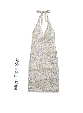 BM MICN性感深V领露背包臀短裙子碎花印花休闲迷你挂脖沙滩连衣裙