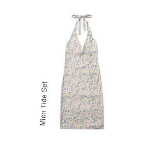 BM MICN性感深V领露背包臀短裙子碎花印花休闲迷你挂脖沙滩连衣裙