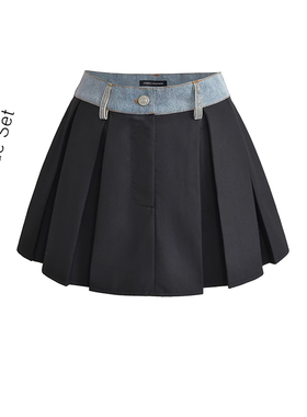 原创学院风牛仔拼接双腰头百褶半身裙女2025秋季新品黑色短裙