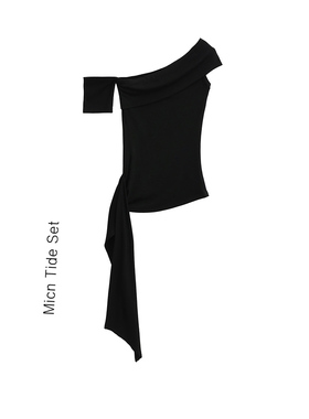 MICN纯欲辣妹飘带一字肩抹胸T恤女夏季性感气质chic收腰露肩上衣