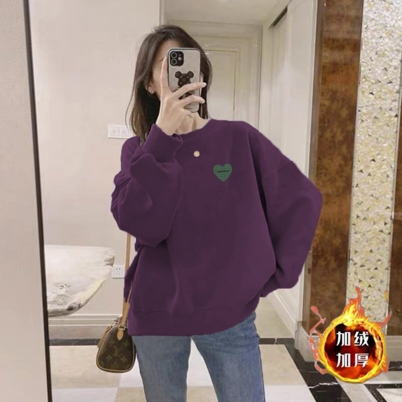 女士秋冬装加厚卫衣女显瘦宽松休闲套头加绒保暖圆领外穿上衣新款
