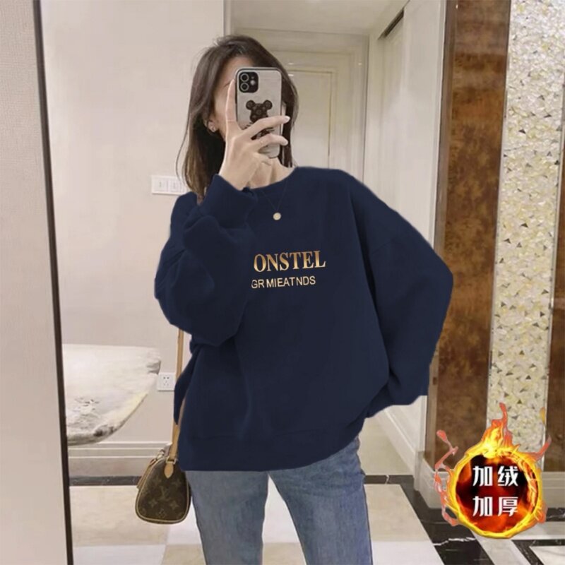 加绒加厚卫衣女秋冬季韩版休闲圆领短款宽松显瘦百搭保暖上衣外穿