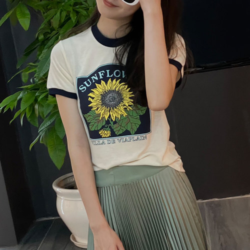 短袖甜美撞色纯棉女向日葵印花