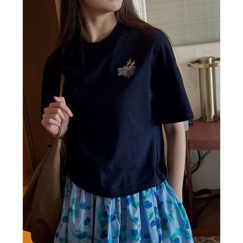 藏蓝色短袖百搭龙刺绣做旧纯棉女