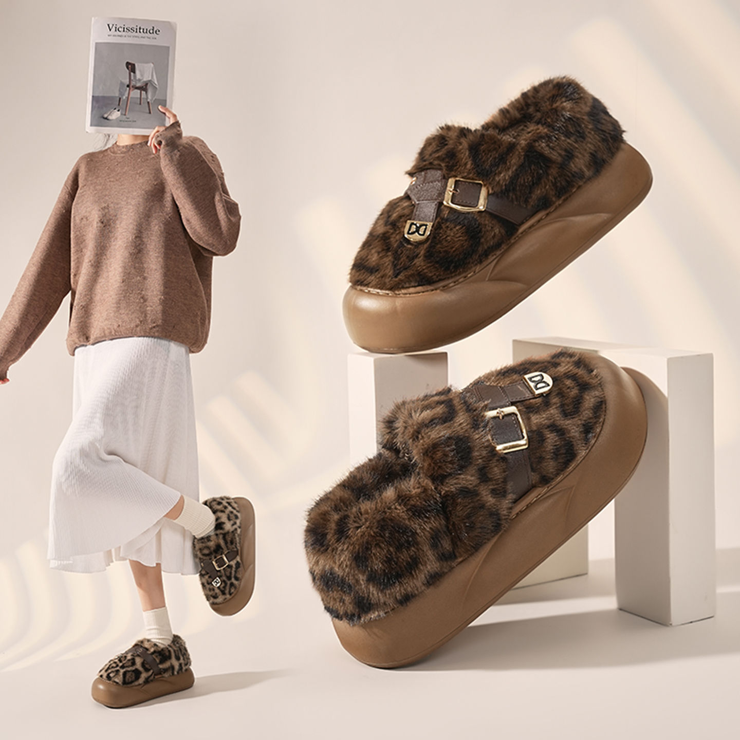 豹纹包头包跟棉拖鞋女