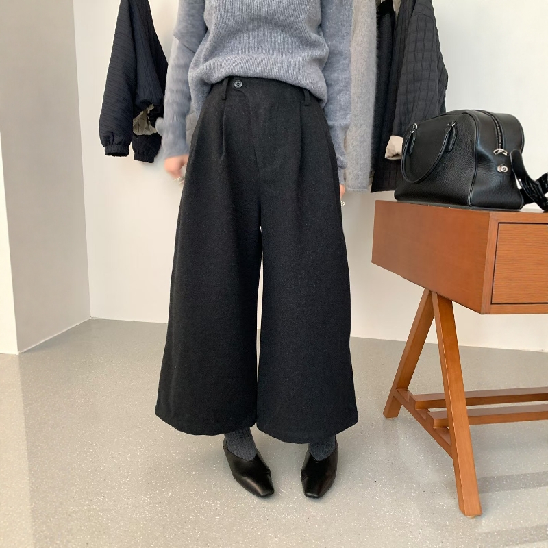 欧货加厚毛呢八分阔腿裤女休闲裤