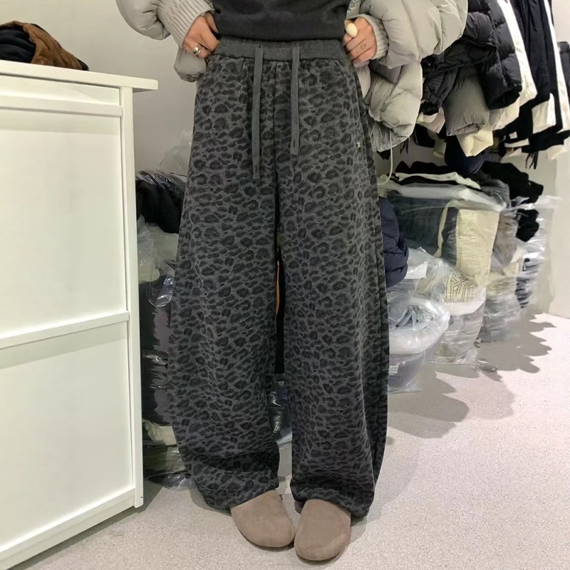 加绒复古豹纹风松紧腰阔腿裤女