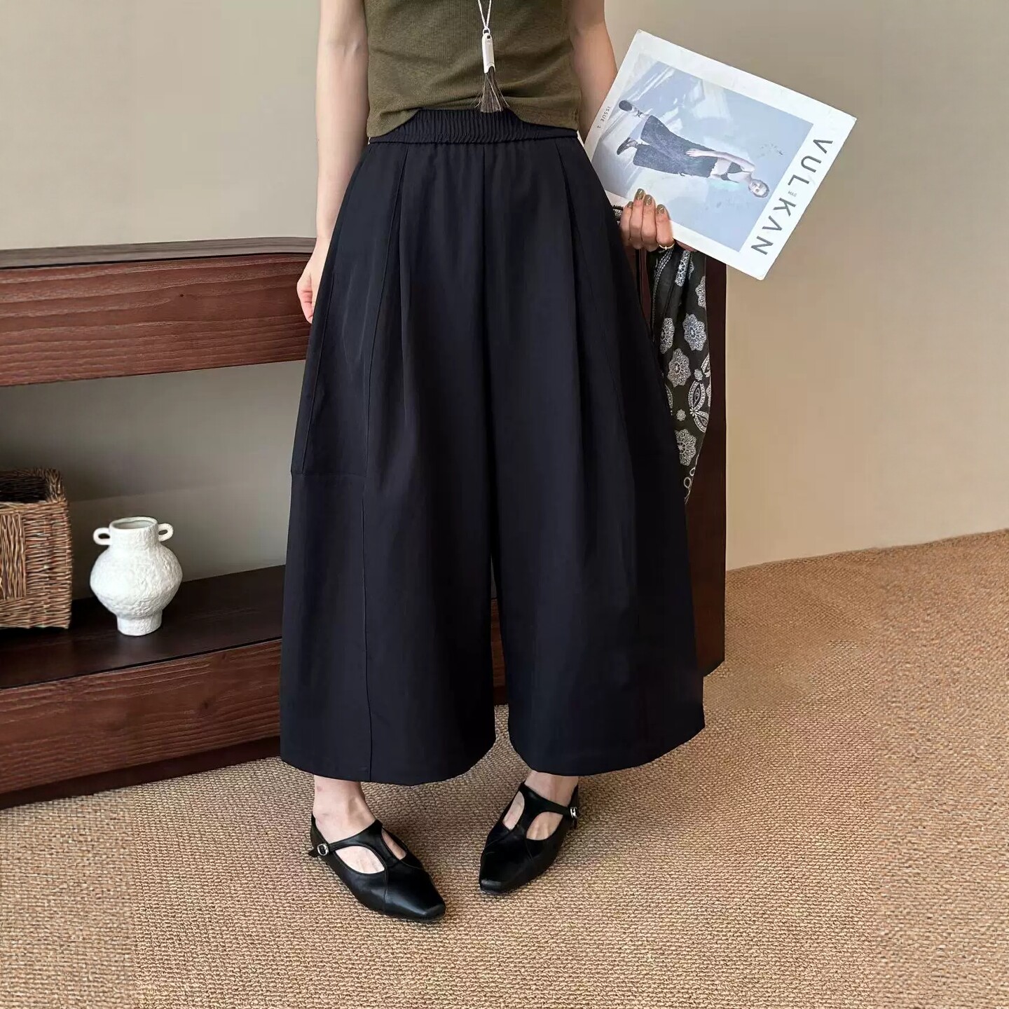 欧货丝巾阔腿八分裤女2026秋季新款宽松百搭松紧腰小个子休闲裤