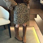 五分中裙短裙靴裙 新款 十三行美式 复古加厚羊羔毛豹纹半身裙女冬季