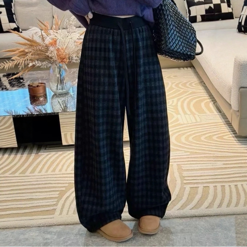 慵懒风格子加绒加厚阔腿裤女2025