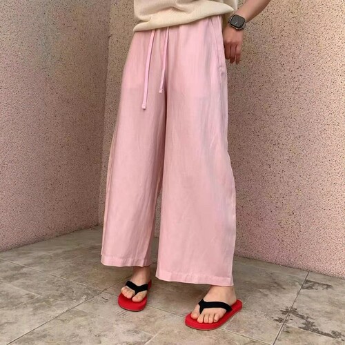 夏上新粉色麻料高腰直筒休闲裤女