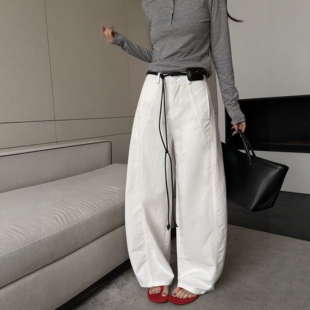 宽松香蕉镰刀休闲长裤 新款 女2026春季 设计感系带水洗棉弯刀阔腿裤