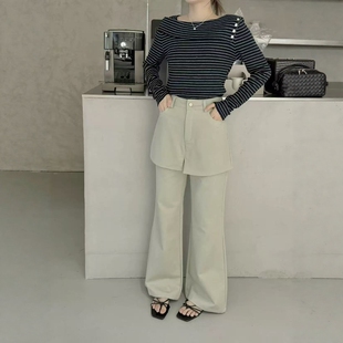 宽松叠穿休闲裤 韩系水洗棉假两件屁帘微喇叭裤 时尚 新款 女2026春季
