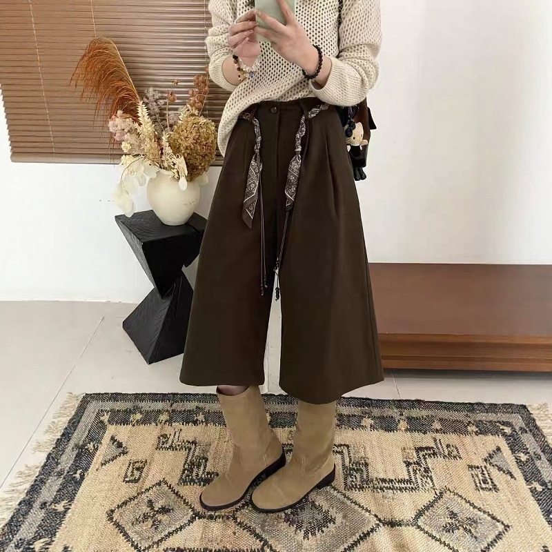 丝带编织腰带直筒七分裤