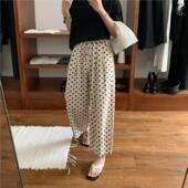 高腰宽松休闲直筒九分裤 新款 女2026夏季 韩系棉麻米白色波点阔腿裤