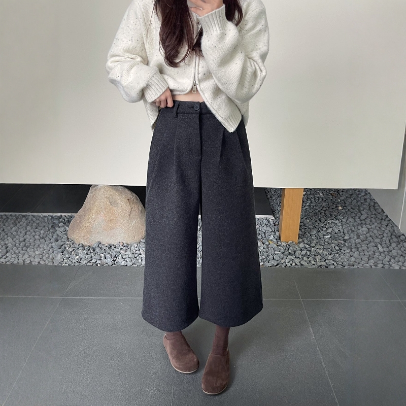 高腰羊绒呢阔腿裤宽松休闲八分裤