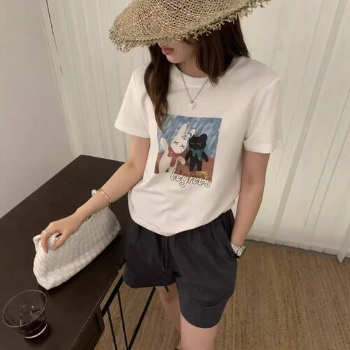 圆领短袖上衣白色卡通印花T恤女