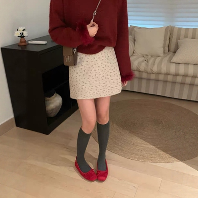 灰色碎花半身裙女miu系短裙